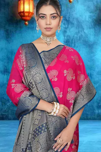 Rani Pink Soft Crepe Saree with Rich Zari Weaving & Navy Blue Contrast Border | Unstitched Blouse Piece by Maharanga