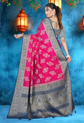 Rani Pink Soft Crepe Saree with Rich Zari Weaving & Navy Blue Contrast Border | Unstitched Blouse Piece by Maharanga 4