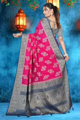Rani Pink Soft Crepe Saree with Rich Zari Weaving & Navy Blue Contrast Border | Unstitched Blouse Piece by Maharanga