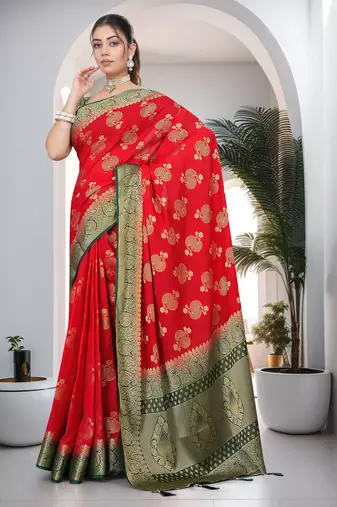 Red Soft Crepe Saree with Rich Zari Weaving & Green Contrast Border | Unstitched Blouse Piece by Maharanga