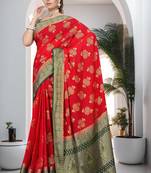 Red Soft Crepe Saree with Rich Zari Weaving & Green Contrast Border | Unstitched Blouse Piece by Maharanga