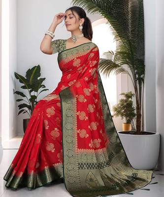 Red Soft Crepe Saree with Rich Zari Weaving & Green Contrast Border | Unstitched Blouse Piece by Maharanga 2
