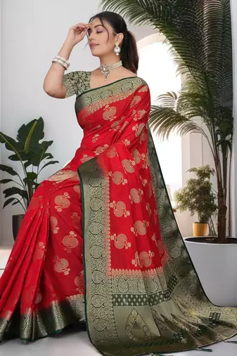 Red Soft Crepe Saree with Rich Zari Weaving & Green Contrast Border | Unstitched Blouse Piece by Maharanga