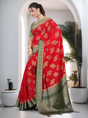 Red Soft Crepe Saree with Rich Zari Weaving & Green Contrast Border | Unstitched Blouse Piece by Maharanga 3