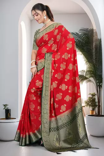 Red Soft Crepe Saree with Rich Zari Weaving & Green Contrast Border | Unstitched Blouse Piece by Maharanga