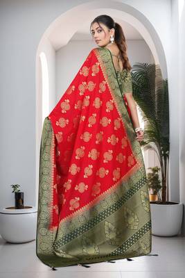 Red Soft Crepe Saree with Rich Zari Weaving & Green Contrast Border | Unstitched Blouse Piece by Maharanga 4