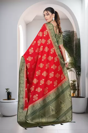 Red Soft Crepe Saree with Rich Zari Weaving & Green Contrast Border | Unstitched Blouse Piece by Maharanga