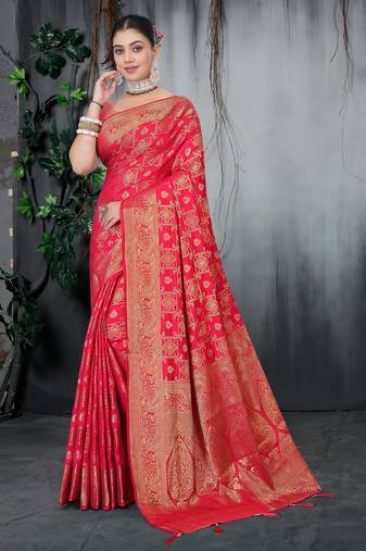 Red Dola Silk Saree with Heavy Zari Weaving & Rich Traditional Border | Unstitched Blouse Piece by Maharanga