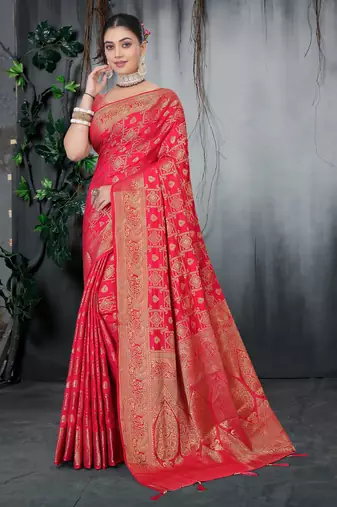 Red Dola Silk Saree with Heavy Zari Weaving & Rich Traditional Border | Unstitched Blouse Piece by Maharanga