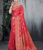 Red Dola Silk Saree with Heavy Zari Weaving & Rich Traditional Border | Unstitched Blouse Piece by Maharanga