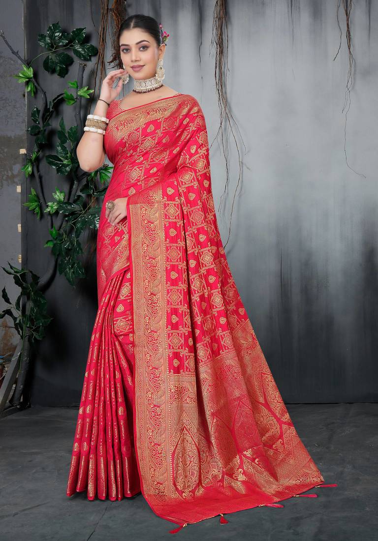 Red Dola Silk Saree with Heavy Zari Weaving & Rich Traditional Border | Unstitched Blouse Piece by Maharanga