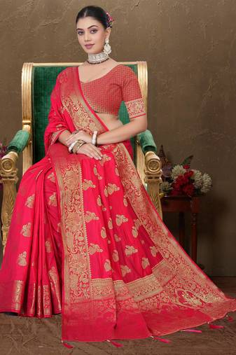 Maharanga Red Dola Art Silk Saree with Rich Zari Butta Work & Heavy Traditional Border | Unstitched Blouse Piece