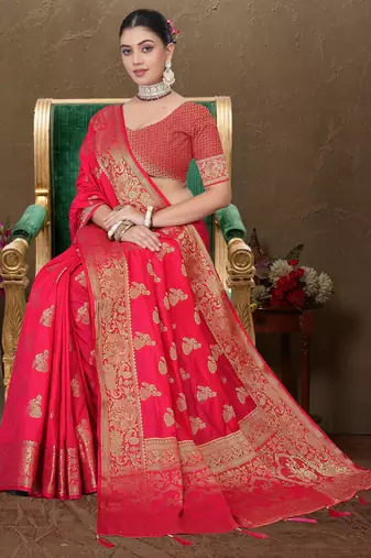 Maharanga Red Dola Art Silk Saree with Rich Zari Butta Work & Heavy Traditional Border | Unstitched Blouse Piece