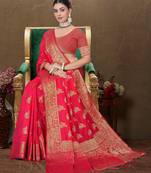 Maharanga Red Dola Art Silk Saree with Rich Zari Butta Work & Heavy Traditional Border | Unstitched Blouse Piece
