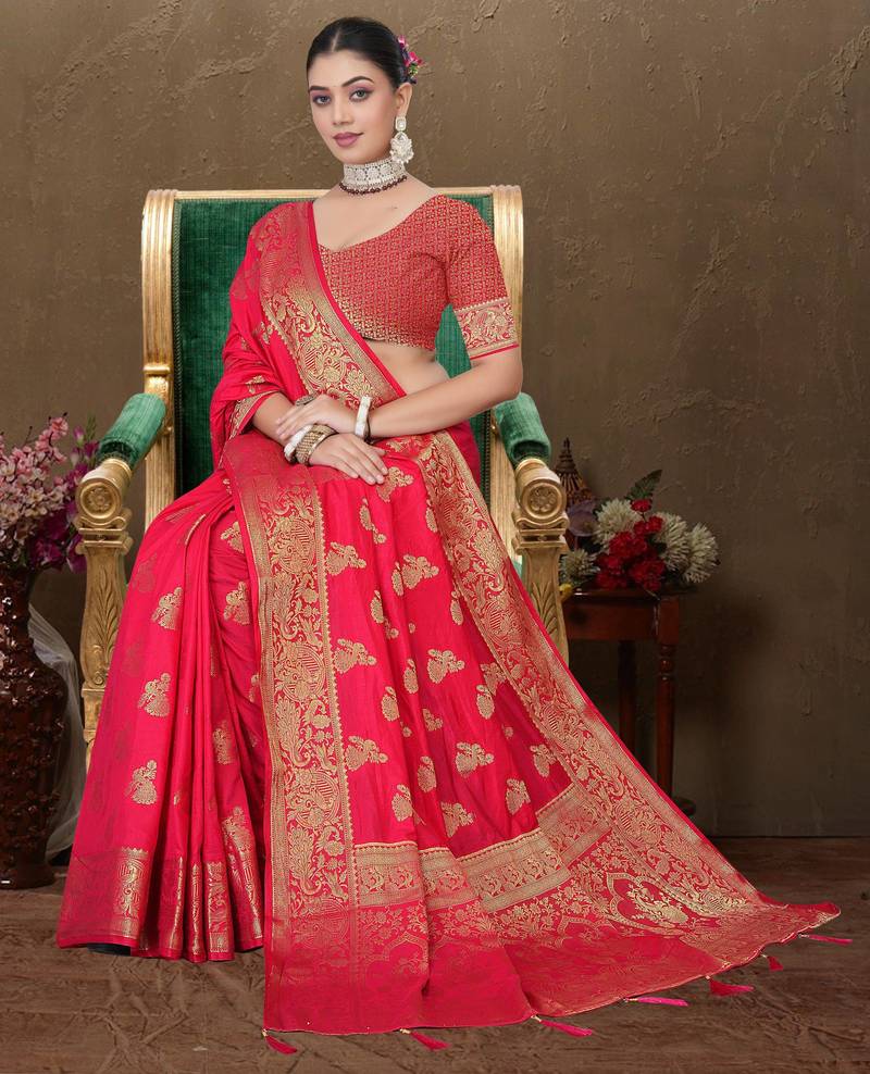 Maharanga Red Dola Art Silk Saree with Rich Zari Butta Work & Heavy Traditional Border | Unstitched Blouse Piece