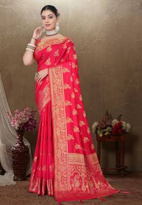Maharanga Red Dola Art Silk Saree with Rich Zari Butta Work & Heavy Traditional Border | Unstitched Blouse Piece 2