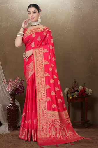 Maharanga Red Dola Art Silk Saree with Rich Zari Butta Work & Heavy Traditional Border | Unstitched Blouse Piece