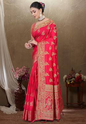 Maharanga Red Dola Art Silk Saree with Rich Zari Butta Work & Heavy Traditional Border | Unstitched Blouse Piece 3