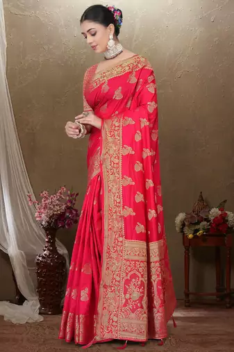 Maharanga Red Dola Art Silk Saree with Rich Zari Butta Work & Heavy Traditional Border | Unstitched Blouse Piece