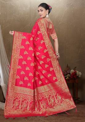 Maharanga Red Dola Art Silk Saree with Rich Zari Butta Work & Heavy Traditional Border | Unstitched Blouse Piece 4