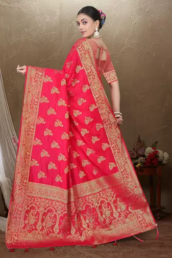 Maharanga Red Dola Art Silk Saree with Rich Zari Butta Work & Heavy Traditional Border | Unstitched Blouse Piece