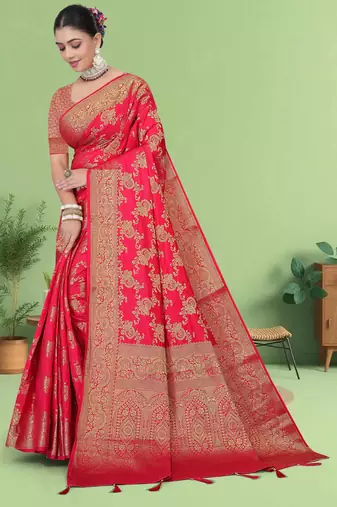 Maharanga Red Dola Art Silk Saree with Heavy Zari Floral Weaving & Broad Traditional Border | Unstitched Blouse Piece