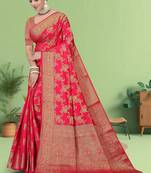 Maharanga Red Dola Art Silk Saree with Heavy Zari Floral Weaving & Broad Traditional Border | Unstitched Blouse Piece