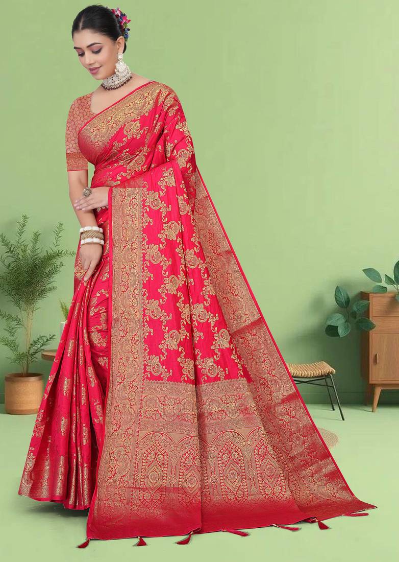 Maharanga Red Dola Art Silk Saree with Heavy Zari Floral Weaving & Broad Traditional Border | Unstitched Blouse Piece