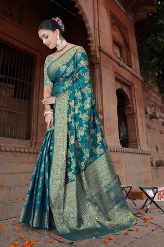 Maharanga Rama color Dola Silk Saree with Heavy Zari Floral Weaving & Broad Traditional Border | Unstitched Blouse Piece