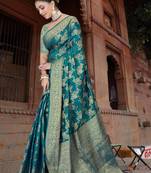 Maharanga Rama color Dola Silk Saree with Heavy Zari Floral Weaving & Broad Traditional Border | Unstitched Blouse Piece