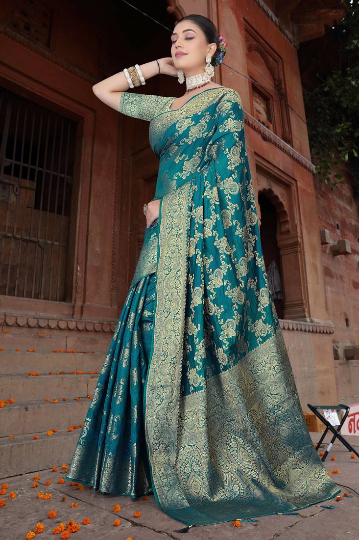 Maharanga Rama color Dola Silk Saree with Heavy Zari Floral Weaving & Broad Traditional Border | Unstitched Blouse Piece