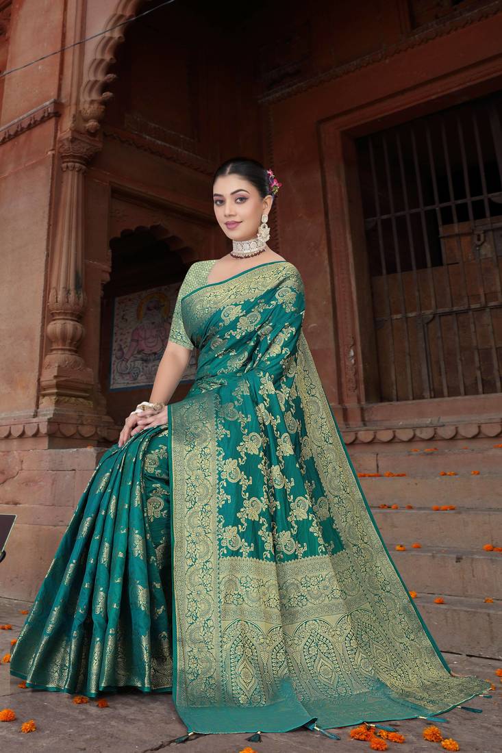 Maharanga Rama color Dola Silk Saree with Heavy Zari Floral Weaving & Broad Traditional Border | Unstitched Blouse Piece