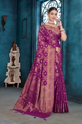 Purple Dola Silk Saree with Heavy Zari Weaving & Broad Traditional Border | Unstitched Blouse Piece