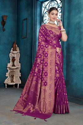 Purple Dola Silk Saree with Heavy Zari Weaving & Broad Traditional Border | Unstitched Blouse Piece 1