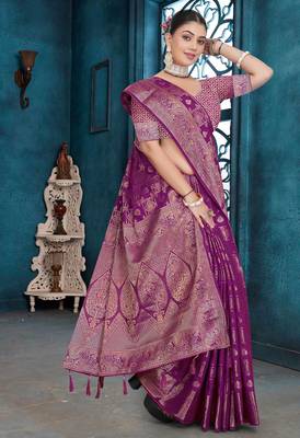 Purple Dola Silk Saree with Heavy Zari Weaving & Broad Traditional Border | Unstitched Blouse Piece 2