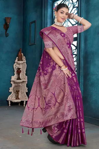 Purple Dola Silk Saree with Heavy Zari Weaving & Broad Traditional Border | Unstitched Blouse Piece