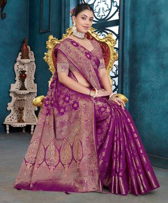 Purple Dola Silk Saree with Heavy Zari Weaving & Broad Traditional Border | Unstitched Blouse Piece 3