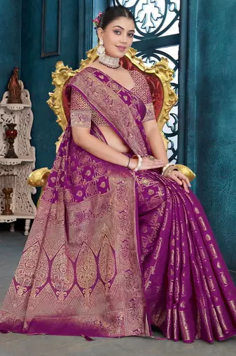Purple Dola Silk Saree with Heavy Zari Weaving & Broad Traditional Border | Unstitched Blouse Piece