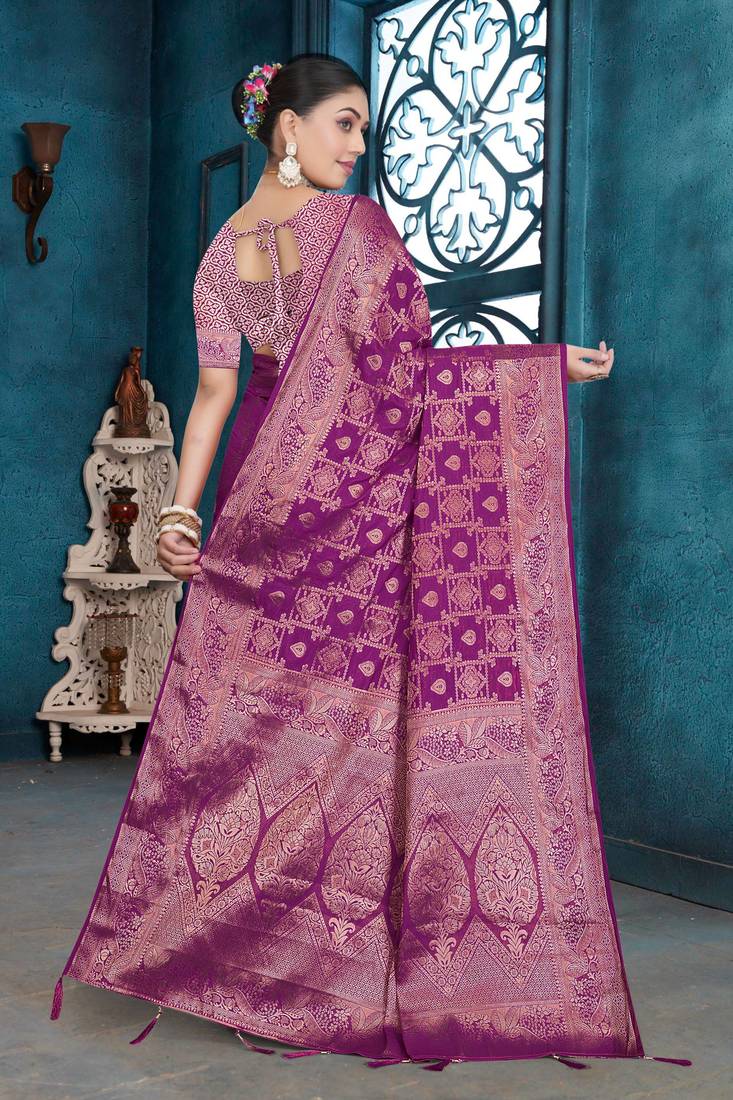 Purple Dola Silk Saree with Heavy Zari Weaving & Broad Traditional Border | Unstitched Blouse Piece