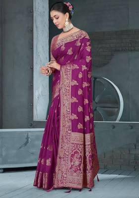 Purple Dola Art Silk Saree with Zari Butta Weaving & Rich Traditional Border | Unstitched Blouse Piece by Maharanga 1