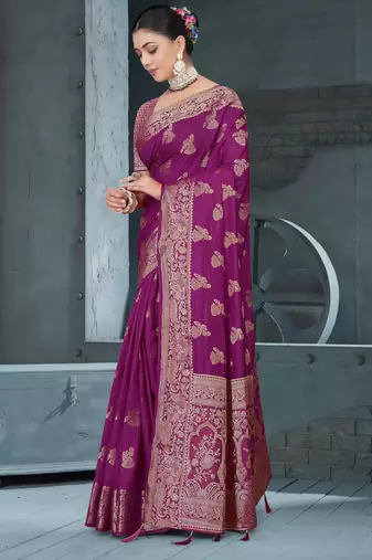 Purple Dola Art Silk Saree with Zari Butta Weaving & Rich Traditional Border | Unstitched Blouse Piece by Maharanga