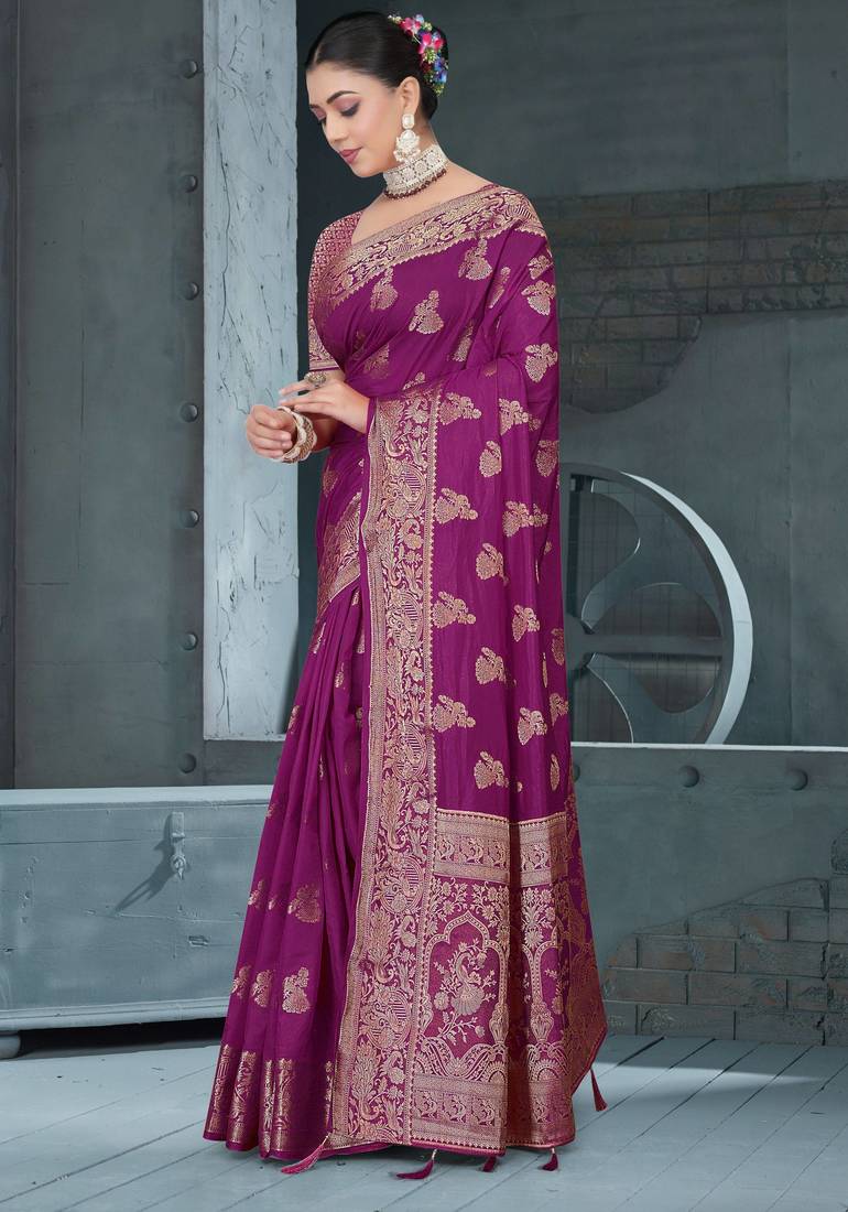 Purple Dola Art Silk Saree with Zari Butta Weaving & Rich Traditional Border | Unstitched Blouse Piece by Maharanga