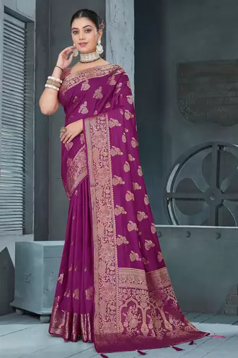 Purple Dola Art Silk Saree with Zari Butta Weaving & Rich Traditional Border | Unstitched Blouse Piece by Maharanga