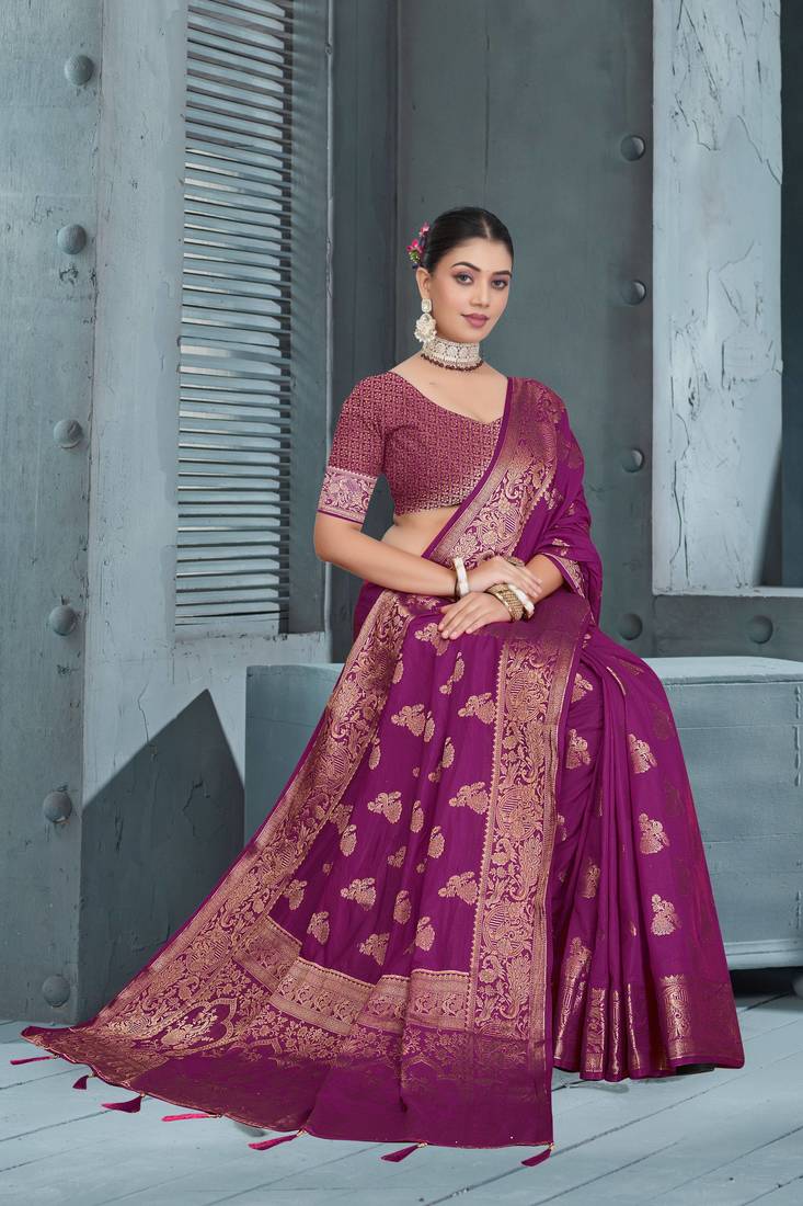 Purple Dola Art Silk Saree with Zari Butta Weaving & Rich Traditional Border | Unstitched Blouse Piece by Maharanga