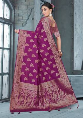 Purple Dola Art Silk Saree with Zari Butta Weaving & Rich Traditional Border | Unstitched Blouse Piece by Maharanga 4