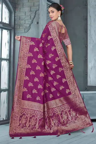 Purple Dola Art Silk Saree with Zari Butta Weaving & Rich Traditional Border | Unstitched Blouse Piece by Maharanga