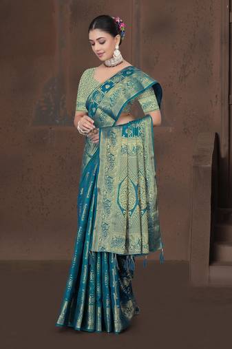 Teal Blue Dola Art Silk Saree with Bandhani Style Zari Woven Work & Rich Traditional Border | Unstitched Blouse Included