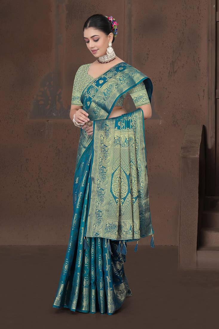 Teal Blue Dola Art Silk Saree with Bandhani Style Zari Woven Work & Rich Traditional Border | Unstitched Blouse Included