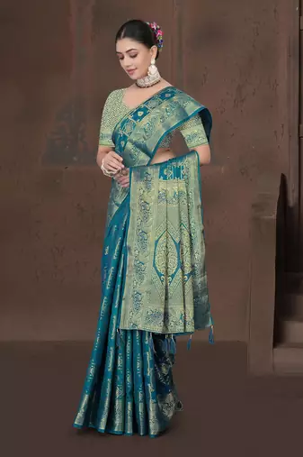 Teal Blue Dola Art Silk Saree with Bandhani Style Zari Woven Work & Rich Traditional Border | Unstitched Blouse Included