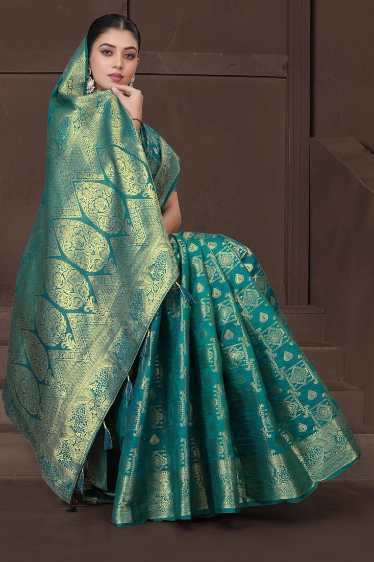 Teal Blue Dola Art Silk Saree with Bandhani Style Zari Woven Work & Rich Traditional Border | Unstitched Blouse Included